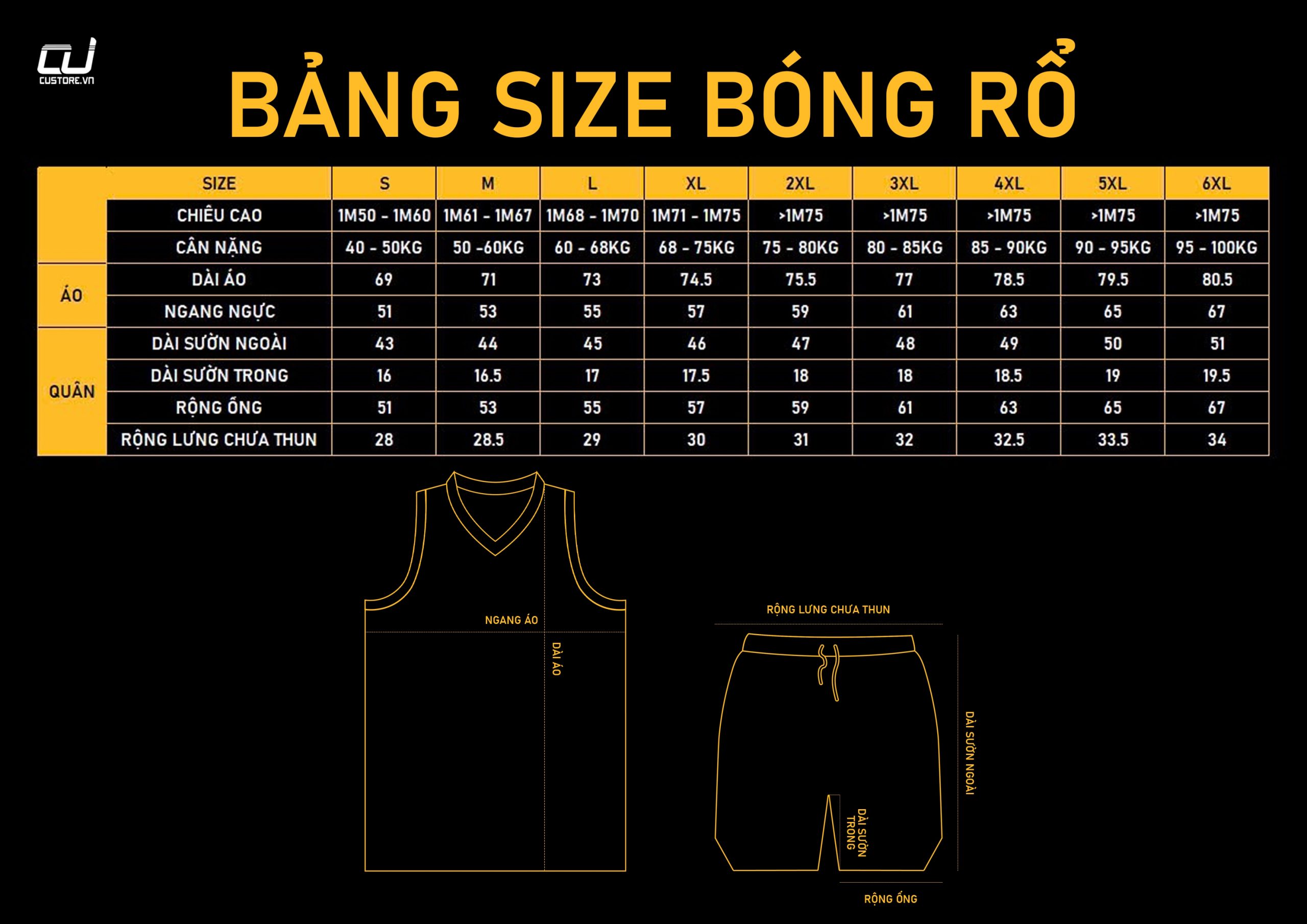 bảng size áo bóng rổ